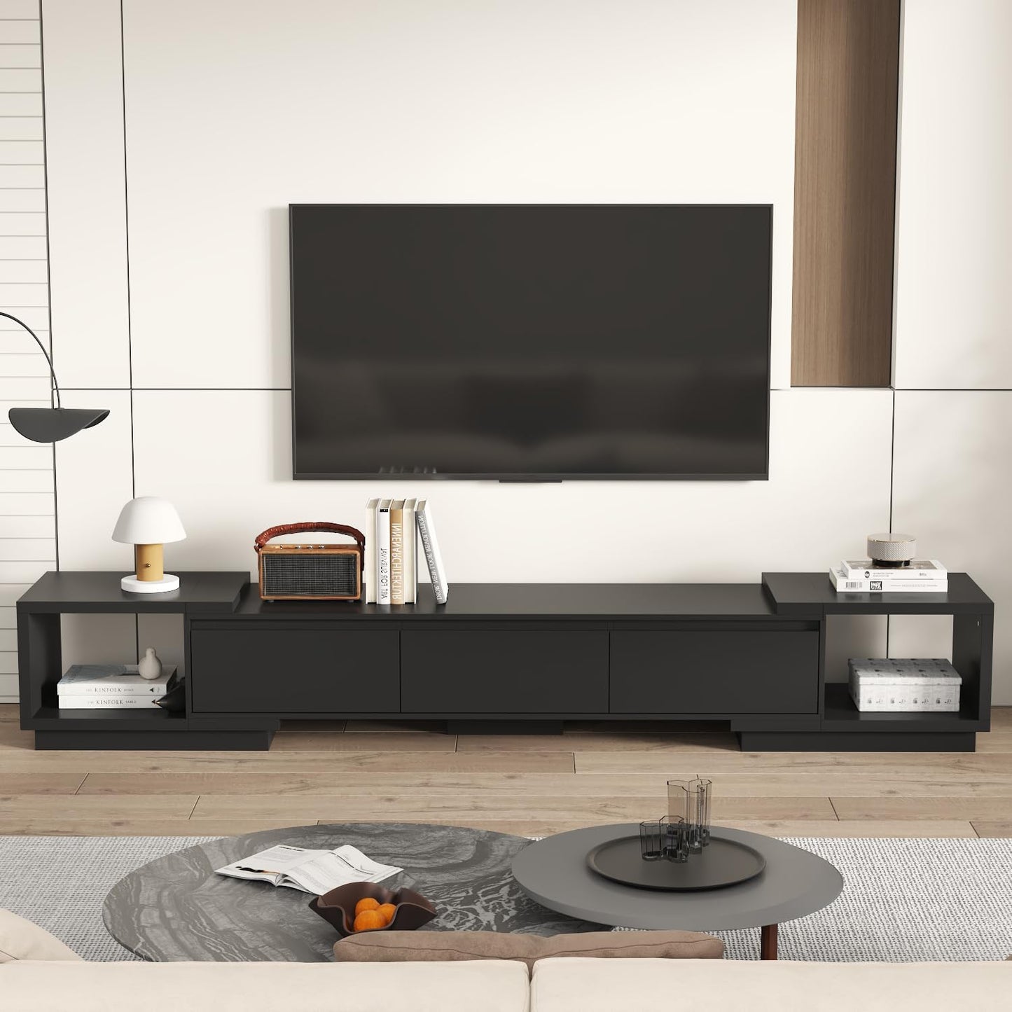 Deformable TV Console with 3 Drawers, Modern Extendable TV Stand in Stretch of 65"-106" Wide, Wood Media Gaming Entertainment Center, Black