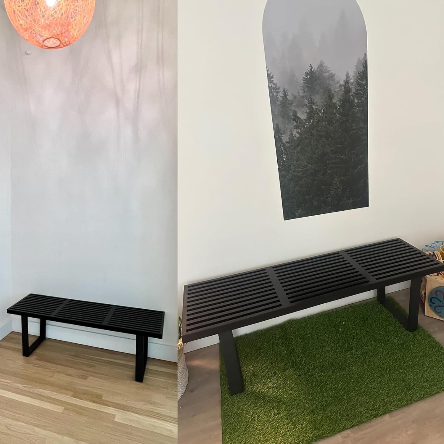 55" Black Wood Entryway Bench, Industrial End of Bed Bench for Bedroom, Wooden Dining Bench with Black Metal Frame, Long Bench Ottoman Bench for Living Room Foyer Indoor Hallway