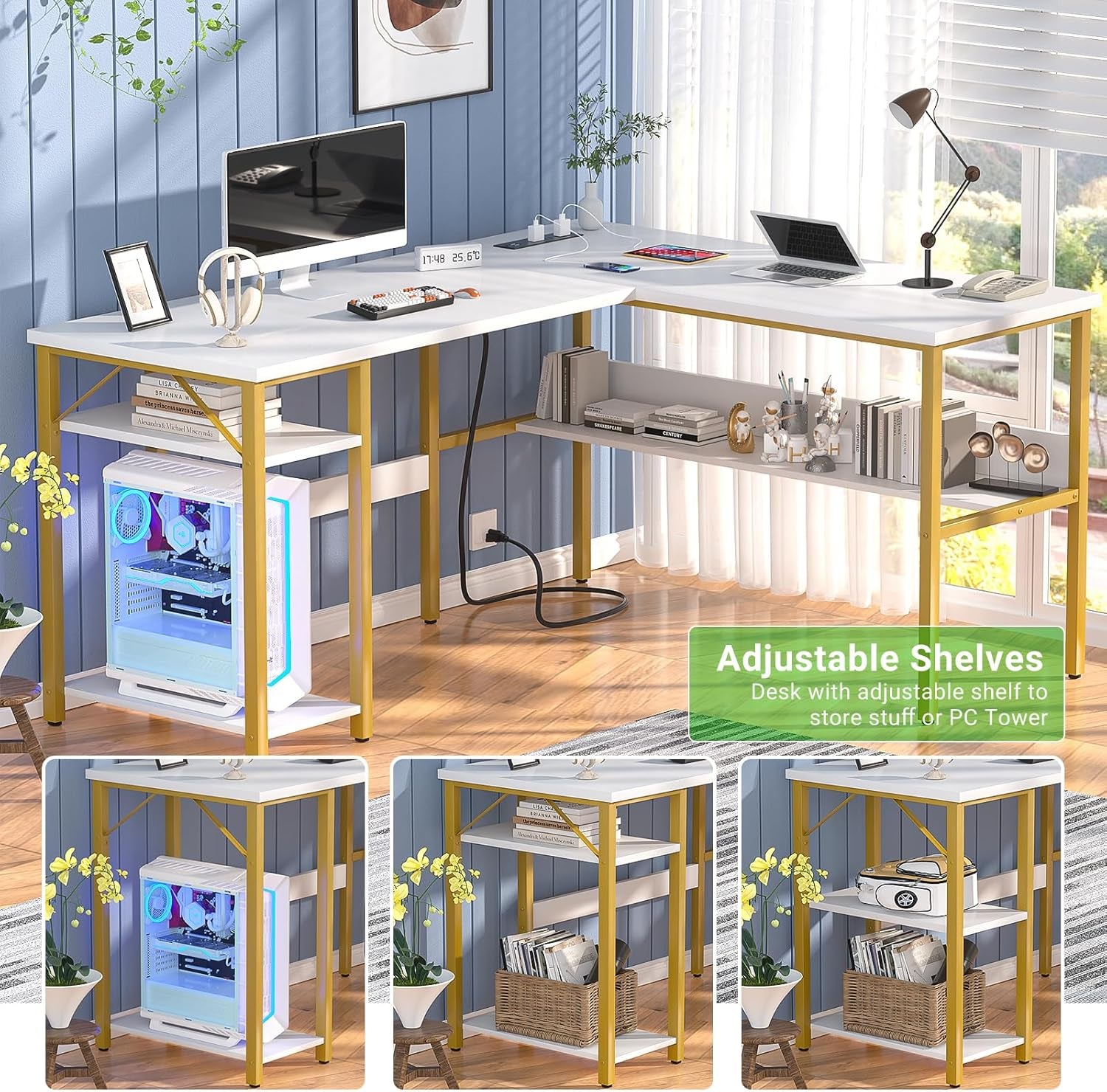 Reversible L Shaped Desk with Magic Power Outlets and USB Charging Ports, Sturdy Corner Computer Desk with Storage Shelves, Gaming Table Home Office Desk, Easy to Assemble, White and Gold
