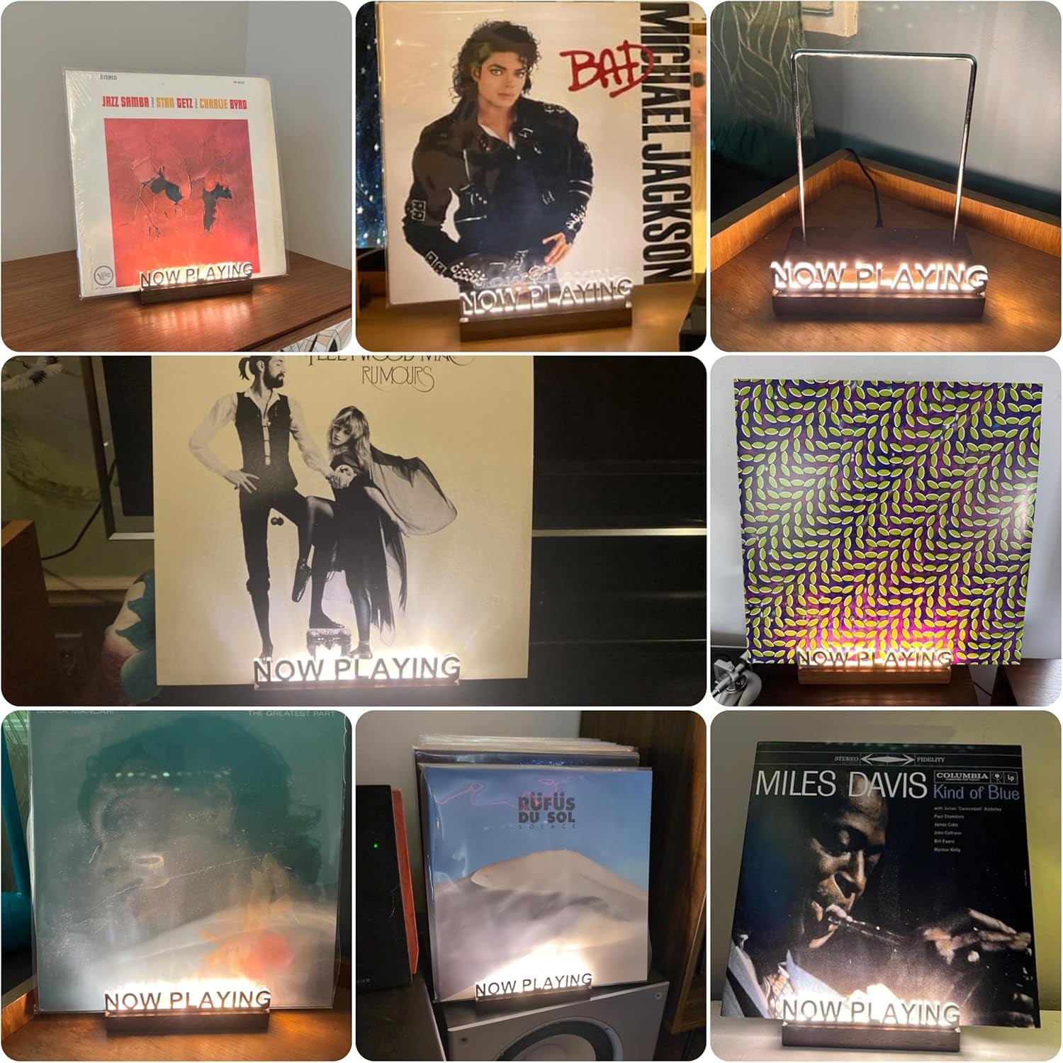 Now Playing Vinyl Record Stand, Light up Vinyl Record Display Stand, Holder for Album Display Storage, Warm White Light with Fingerprint-Proof Acrylic Letters (Silver Letters)