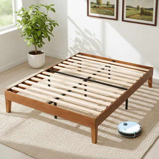 Solid Wood Bed Frame, Full Size Bed Base with Wood Slat Support, Sturdy, Stylish & Noise-Free Design, No Box Spring Needed, Easy Assembly, Dark Brown