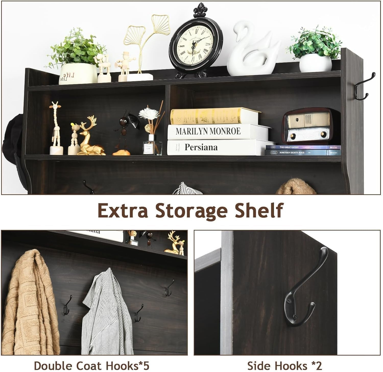 Hall Tree with Shoe Storage, 5-In-1 Entryway Bench with Storage Coat Rack, Entryway Hall Tree with Bench and Adjustable Shelf, Brown