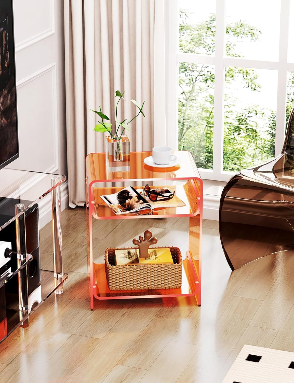 Acrylic End Table Record Player Table with Storage Shelf Clear Side Table Nightstand, Orange