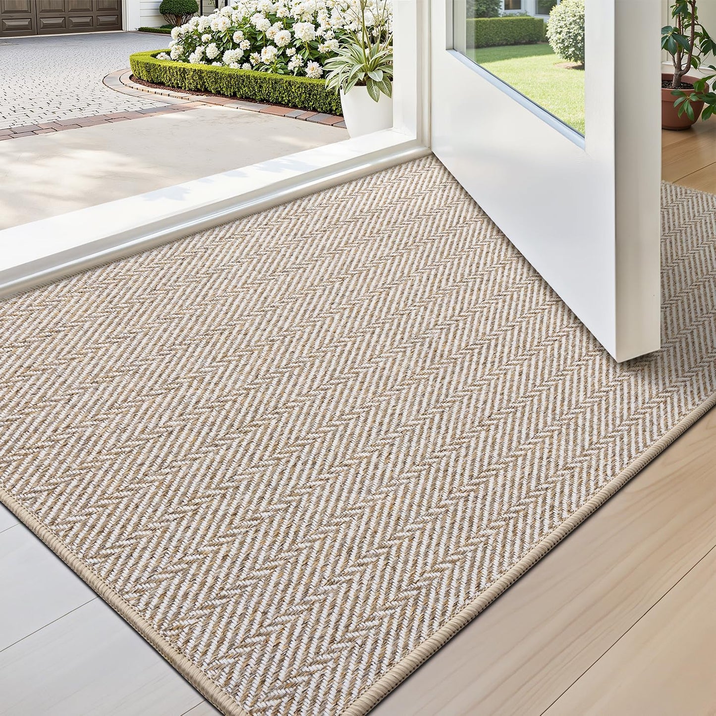 Ultra Thin Indoor Door Mat for Entrance 24"X36", Non Slip Entryway Mat, Low Profile Doormat, Unique Herringbone Design Carpet for Inside, Patio, Porch, Beige