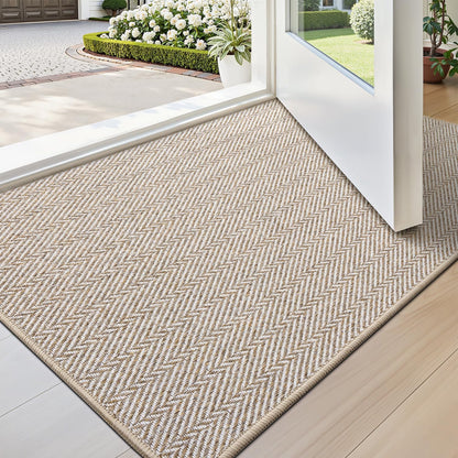 Ultra Thin Indoor Door Mat for Entrance 24"X36", Non Slip Entryway Mat, Low Profile Doormat, Unique Herringbone Design Carpet for Inside, Patio, Porch, Beige