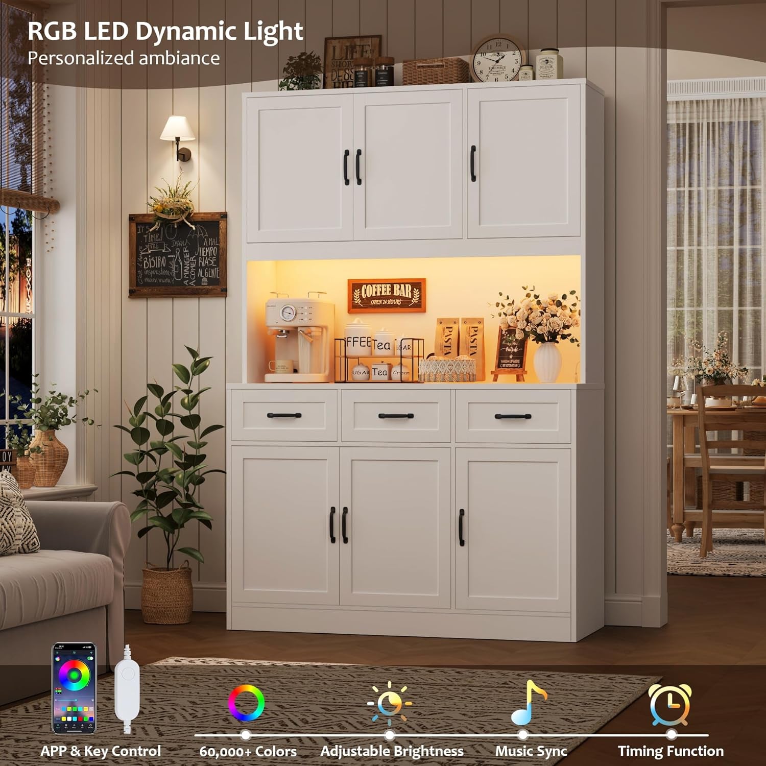 72" Tall Kitchen Pantry Cabinet with Charging Station | LED Lights, 47" W Kitchen Pantry Storage Cabinet with Countertop, Modern Kitchens Hutch Cabinets with Storage for Dining Room, White