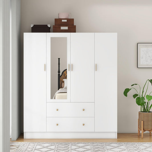 Bedroom Armoires Wardrobe Closet with 4 Doors 2 Drawers and Mirror, Large Shelves Hanging Rods for Bedroom, 62.7" W X 19.7" D X 70.8" H