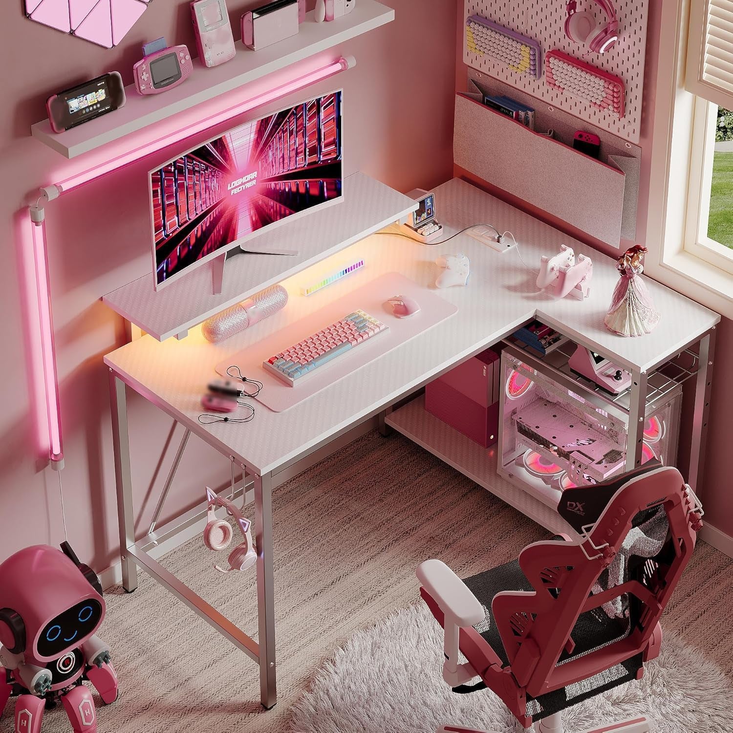 White Computer Desk with Charging Port & LED Strip,42 Inch Modern Gaming Desk with Reversible Storage Shelves,Small L Shaped Desk with Hooks for Home Office