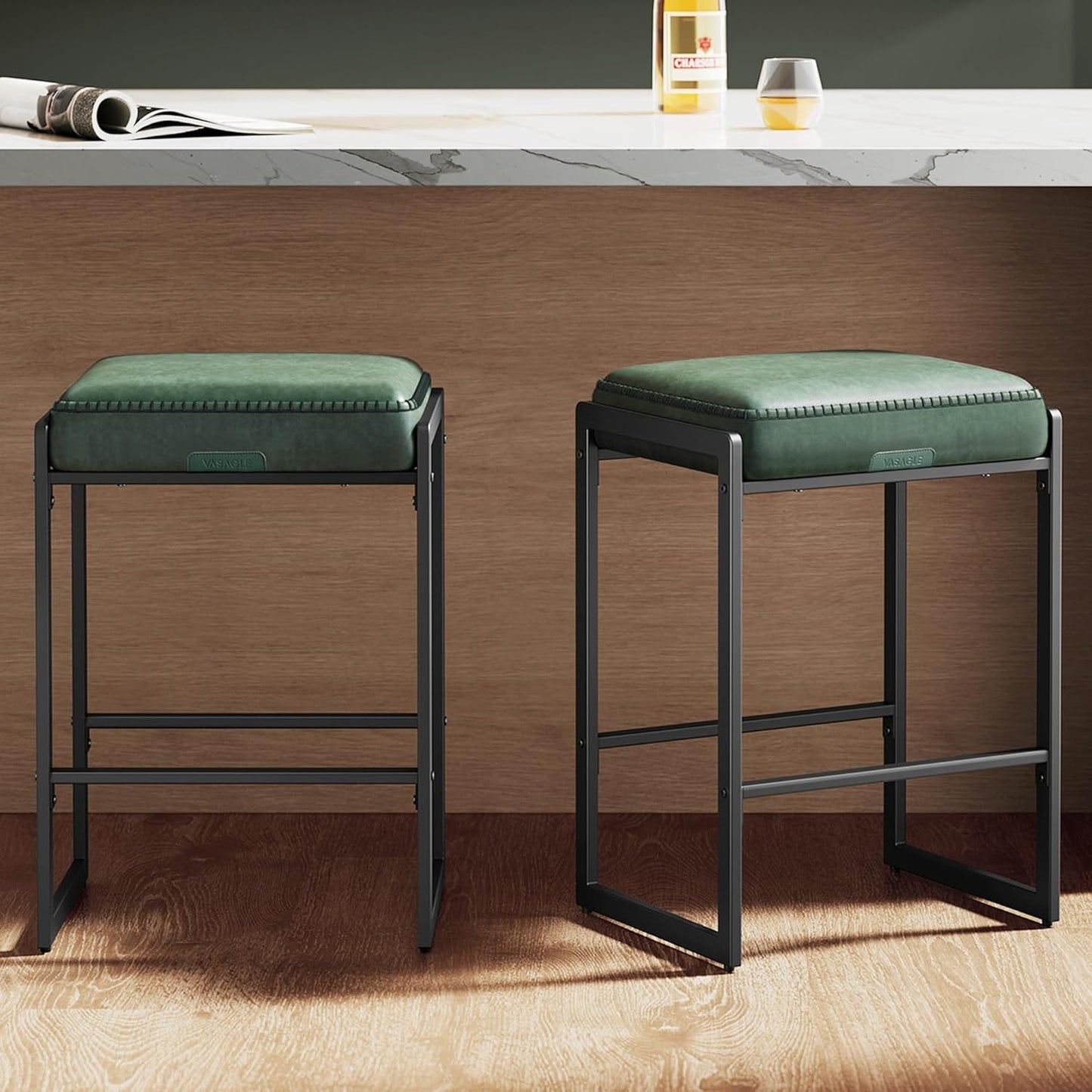 EKHO Collection - Bar Stools Set of 2, Counter Height Bar Stools, Synthetic Leather with Stitching, Mid-Century Modern Counter Stools, 26-Inch Tall, Kichen Home Bar Dining Room, Forest Green