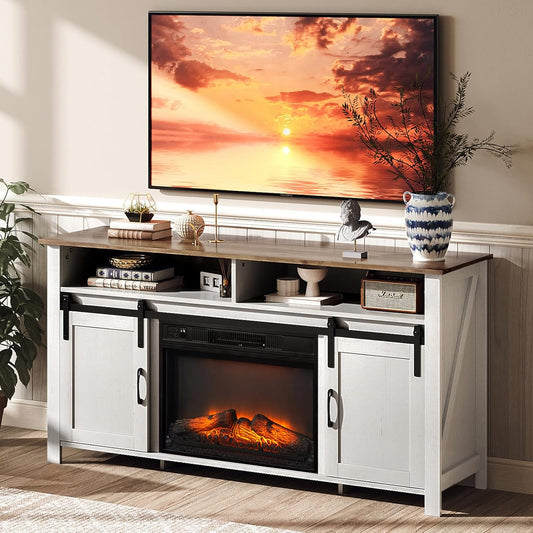Fireplace TV Stand with Sliding Barn Door for 70 Inch TV, Farmhouse Entertainment Center ＆ 23" Fireplace, Media Console Table with Storage Cabinets for Living Room, Distressed White & Barnwood