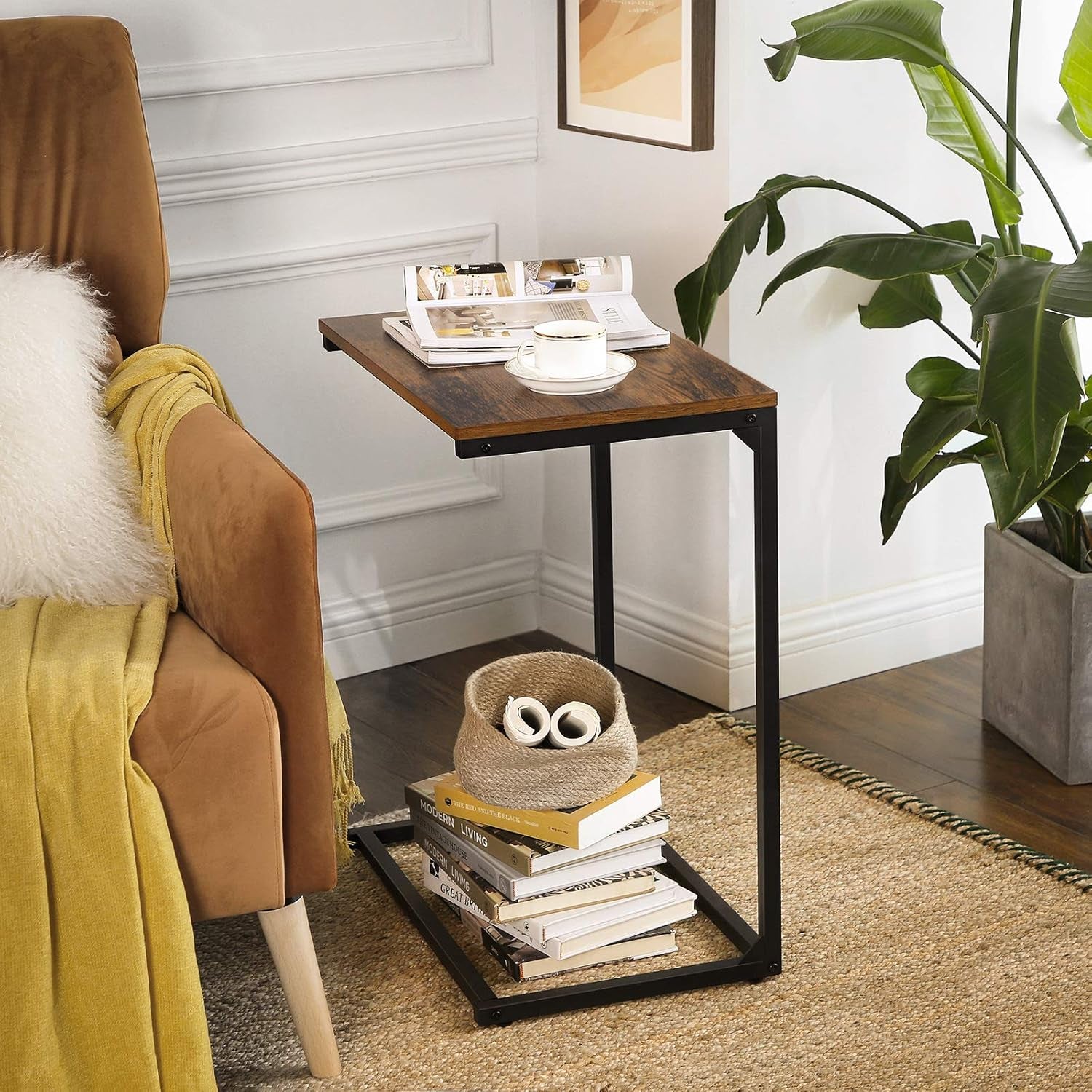 C Shape End Table, Small Coffee Table for Couch or Sofa, Industrial Side Table in Living Room, Bedroom, 13.8 X 21.7 X 26 Inches, Rustic Brown and Black ULNT52BX
