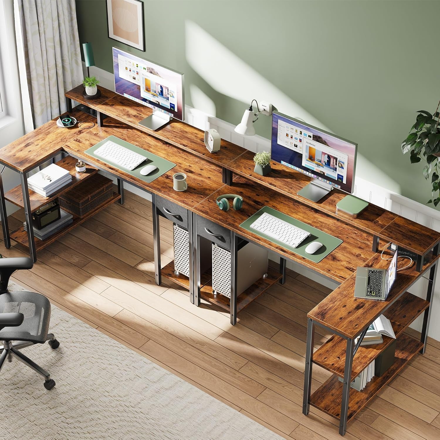 47 Inch Reversible L Shaped Desk with LED Lights & Power Outlets, Computer Desk with Shelves & Monitor Stand, Gaming Desk with Drawer, Home Office Desk Corner Desk, PU White Drawer