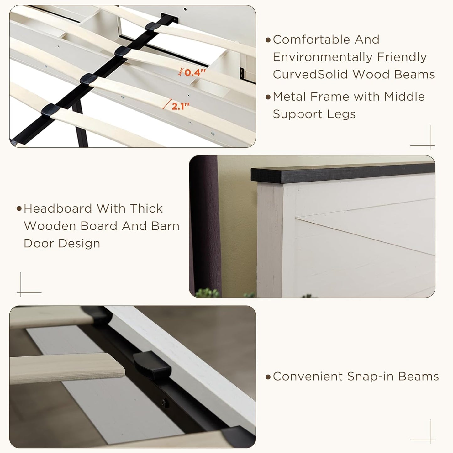 Farmhouse Wood Bed Frame Queen Size with Sliding Barn Door Storage Cabinets and Headboard, Solid Wood Slats Support, Noiseless, No Box Spring Needed, Antique White