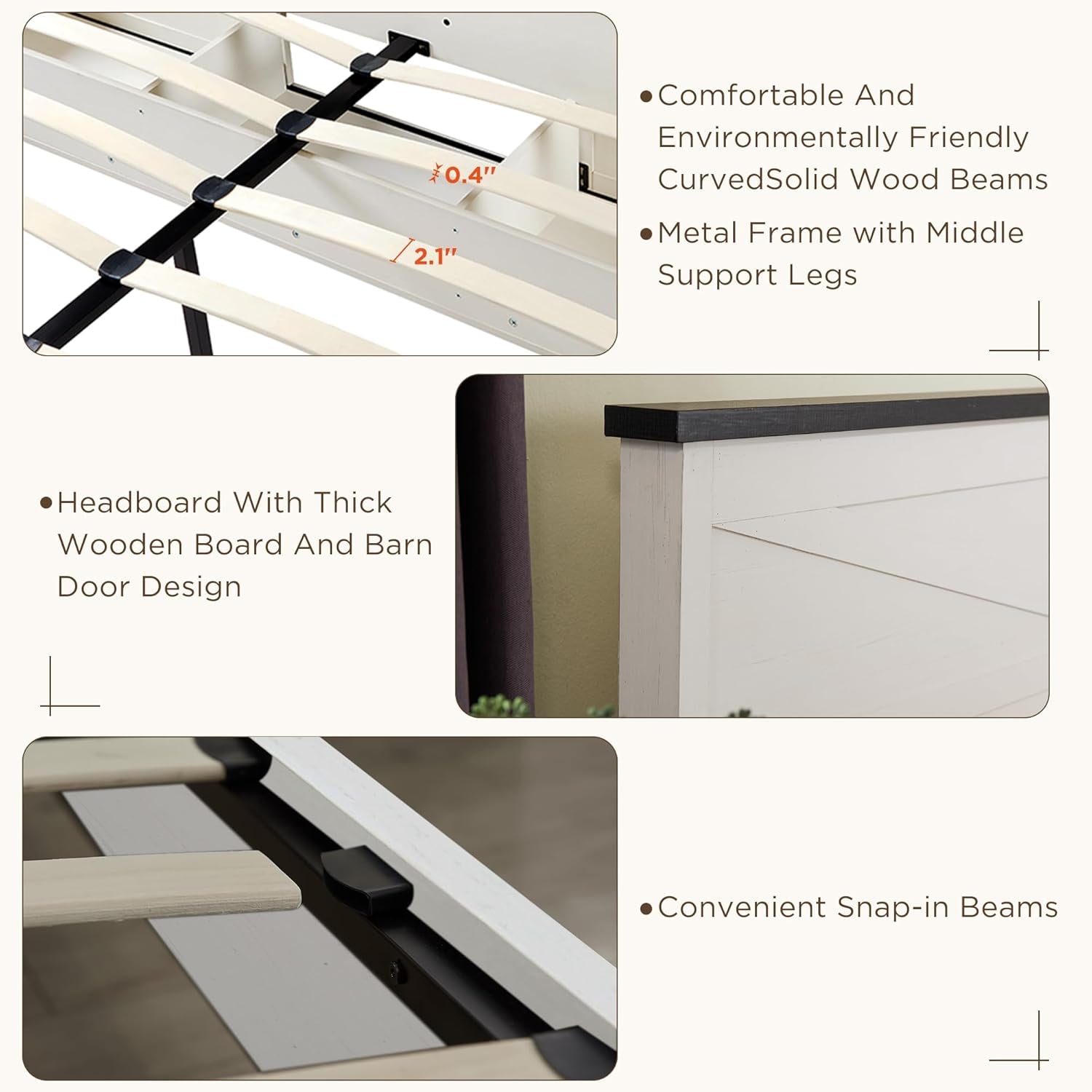 Farmhouse Wood Bed Frame Queen Size with Sliding Barn Door Storage Cabinets and Headboard, Solid Wood Slats Support, Noiseless, No Box Spring Needed, Antique White