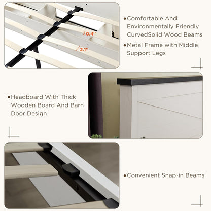 Farmhouse Wood Bed Frame Queen Size with Sliding Barn Door Storage Cabinets and Headboard, Solid Wood Slats Support, Noiseless, No Box Spring Needed, Antique White