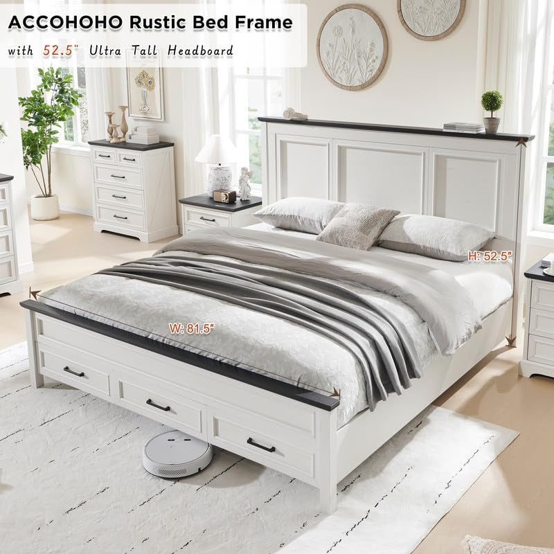 Farmhouse King Size Bed Frame with 52" Tall Headboard, Wood Platform Bedframe with Footboard and Storage Drawers, No Squeak, No Box Spring Needed, Antique White