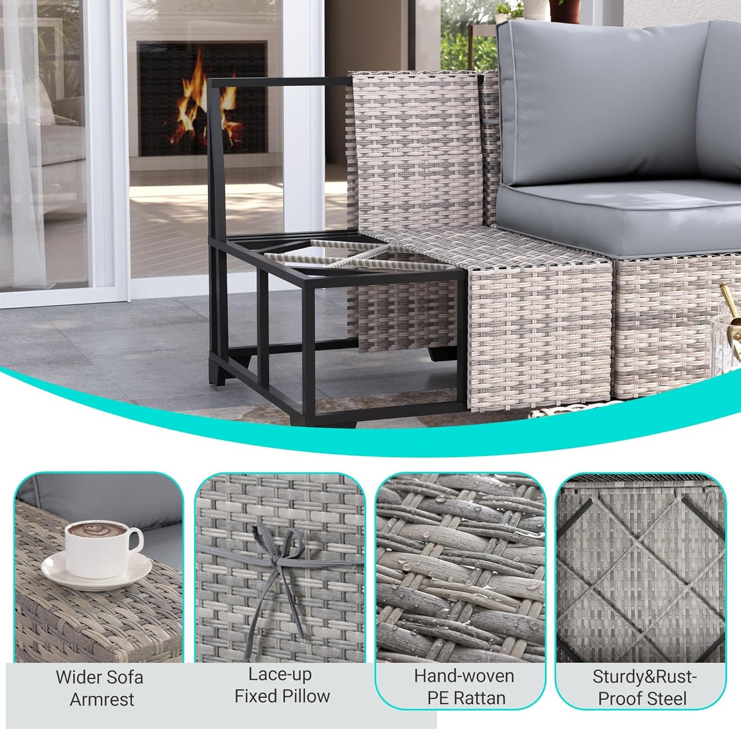 10-Piece Outdoor Patio Furniture Set with Rocking Swivel Chair, PE Wicker Rattan Sectional Sofa Patio Conversation Set with 55,000 BTU Fire Pit Table & Coffee Table, Grey