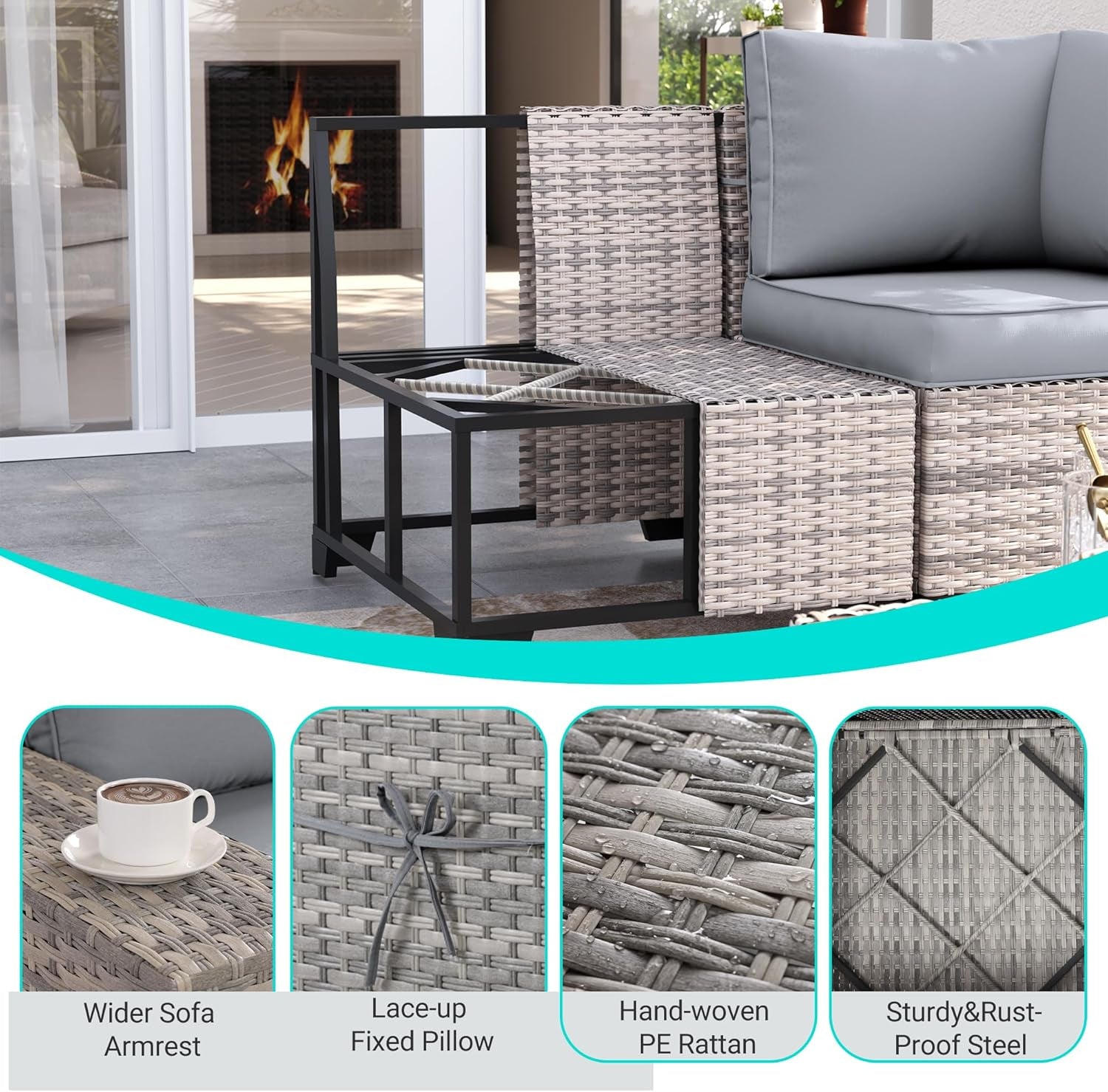 10-Piece Outdoor Patio Furniture Set with Rocking Swivel Chair, PE Wicker Rattan Sectional Sofa Patio Conversation Set with 55,000 BTU Fire Pit Table & Coffee Table, Grey