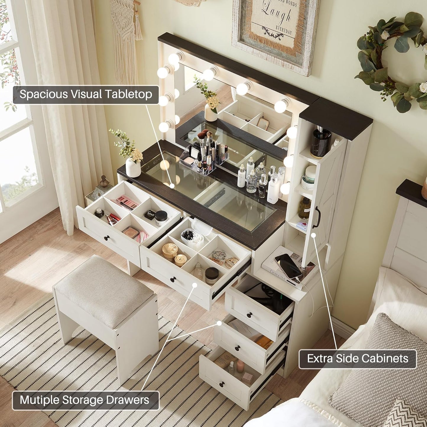 Farmhouse Vanity Makeup Desk with Charging Station, 43" W Vanity Desk with Lights Mirror and Drawers for Makeup, Big Modern Makeup Table Set with Stool for Bedroom, off White