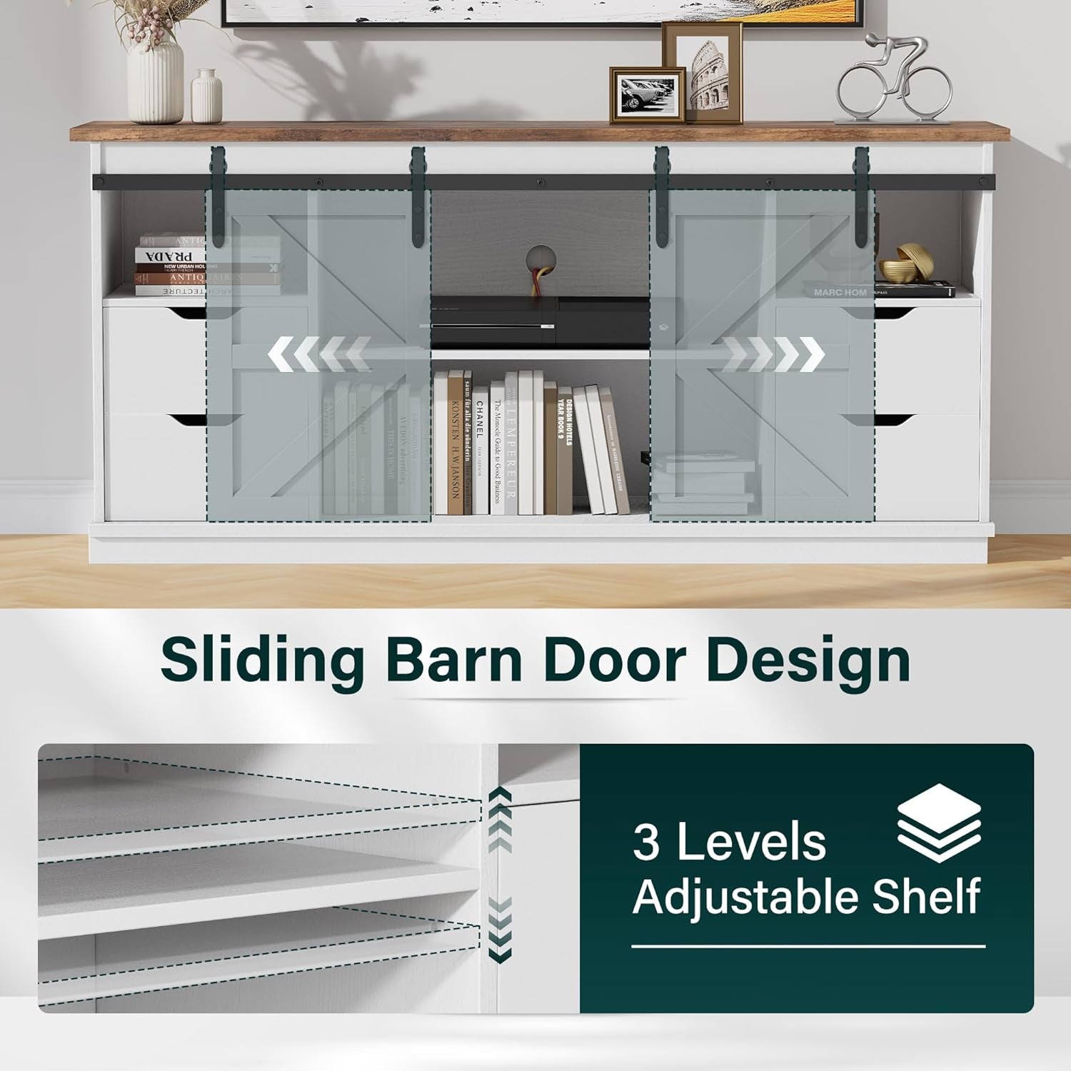 TV Stand with 4 Drawers for 65 Inch TV, Entertainment Center with Storage Cabinets and Sliding Barn Doors, Mid Century Modern Media TV Console Table for Living Room Bedroom (Bright White)