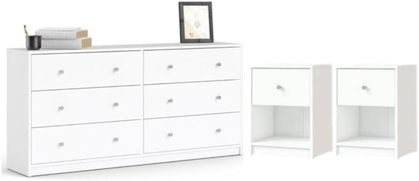 3 Piece Bedroom Set with 6-Drawer Double Dresser and Two of 1-Drawer Nightstand in White