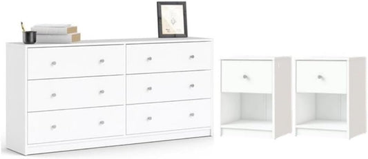 3 Piece Bedroom Set with 6-Drawer Double Dresser and Two of 1-Drawer Nightstand in White