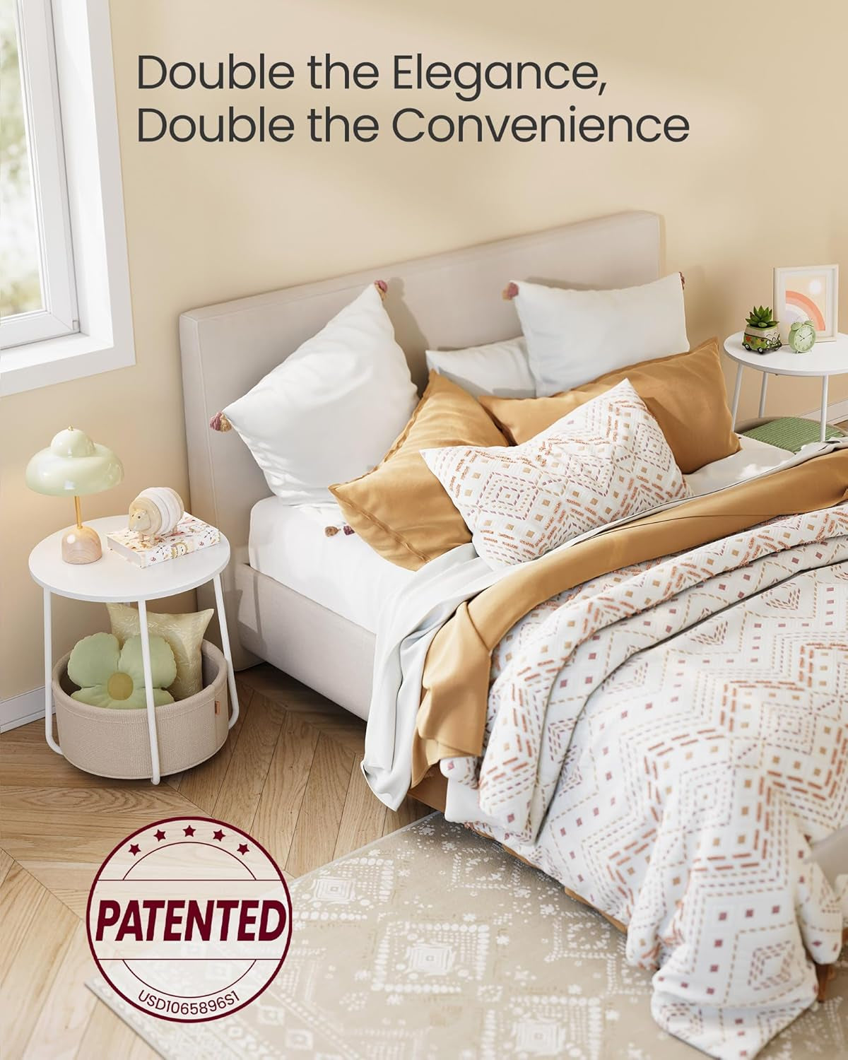 Nightstands, Set of 2 Small round Side Tables with Fabric Basket, Bedside End Tables, for Bedroom, Matte White and Camel Brown ULCT665W01