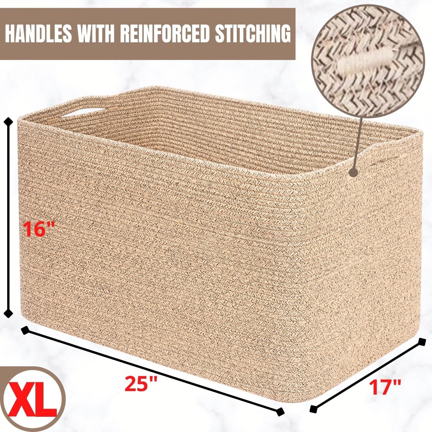 112L Extra Large Blanket Basket Holder Living Room, 25"X17"X16" Rectangle Rope Woven Storage Basket with Handles for Laundry, Towels, Shoes, Dog Toy Organizer Bin Box, Oatmeal Brown