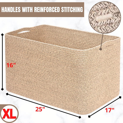 112L Extra Large Blanket Basket Holder Living Room, 25"X17"X16" Rectangle Rope Woven Storage Basket with Handles for Laundry, Towels, Shoes, Dog Toy Organizer Bin Box, Oatmeal Brown