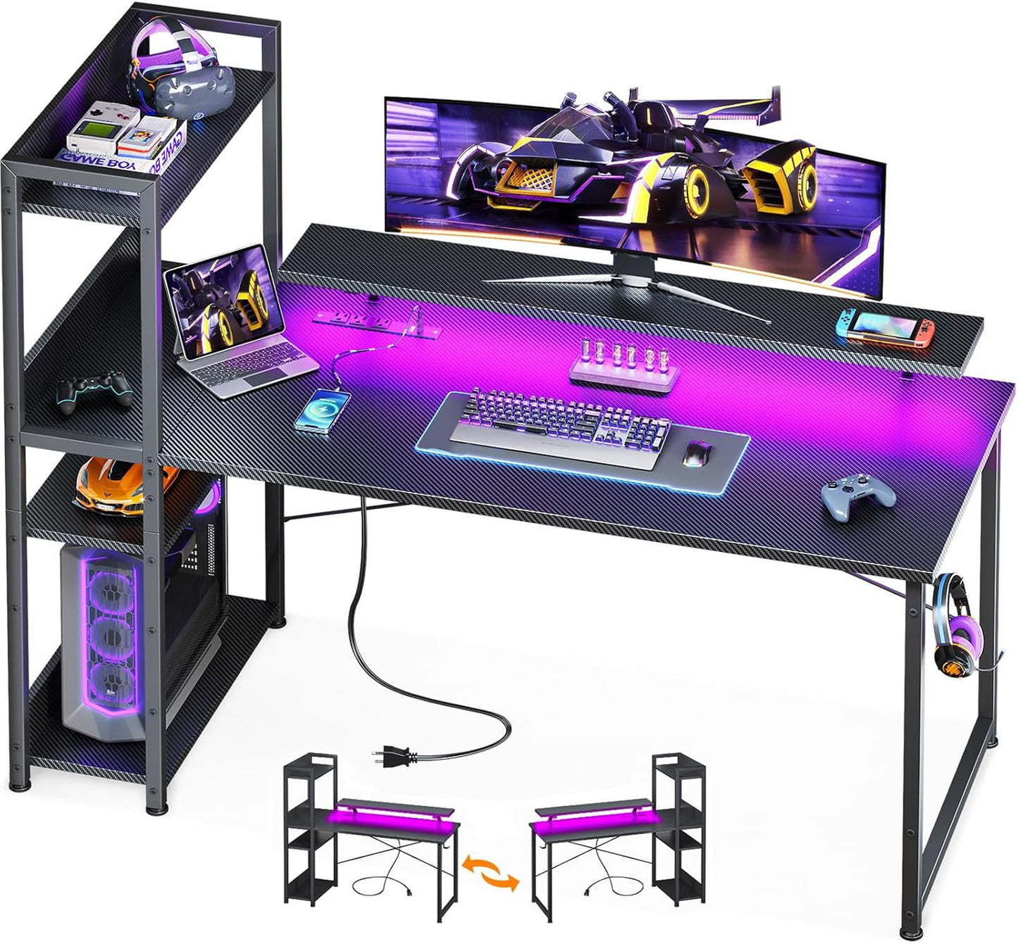 Reversible 55 Inch Gaming Desk with USB Charging Port and LED Lights, Computer Desk with Storage Shelves and Monitor Stand, Study Table for Home Office, Morden Desk for Bedroom, Carbon Fiber Black