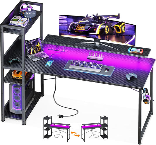 Reversible 55 Inch Gaming Desk with USB Charging Port and LED Lights, Computer Desk with Storage Shelves and Monitor Stand, Study Table for Home Office, Morden Desk for Bedroom, Carbon Fiber Black