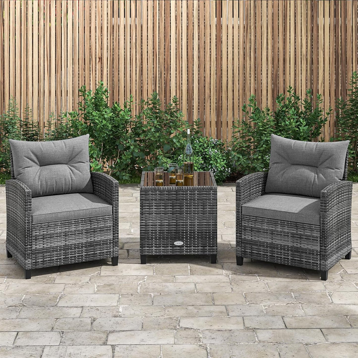 3 Piece Patio Furniture Set, Outdoor PE Rattan Conversation Set with Washable Cushions & Tempered Glass Tabletop, Wicker Chairs and Table Set for Porch, Garden, Balcony (Grey)