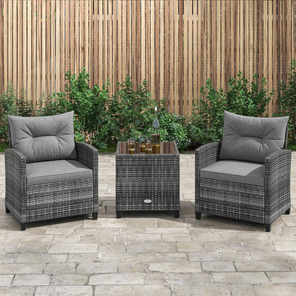 3 Piece Patio Furniture Set, Outdoor PE Rattan Conversation Set with Washable Cushions & Tempered Glass Tabletop, Wicker Chairs and Table Set for Porch, Garden, Balcony (Grey)