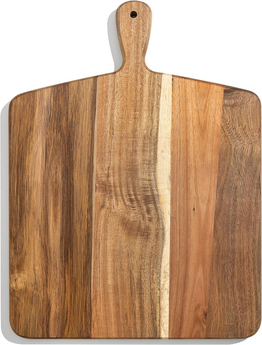 Acacia Wood Cutting Board and Chopping Board with Handle for Meat, Cheese Board, Vegetables, Bread, and Charcuterie - Decorative Wooden Serving Board for Kitchen and Dining Room, Large 17" X 13"