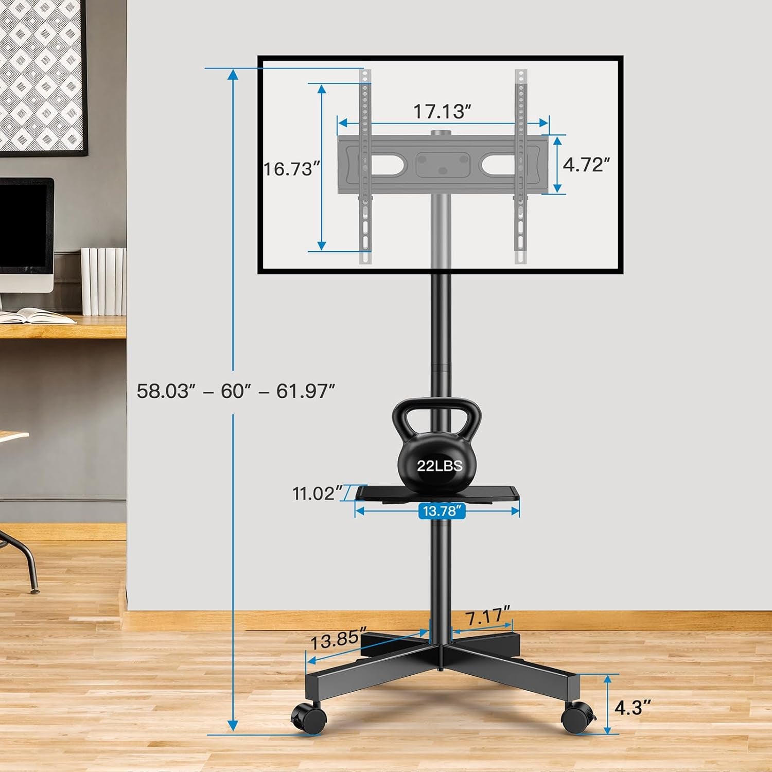 Mobile TV Stand for 23-60 Inch LCD LED Flat/Curved Screen Tvs, Tilt TV Cart Holds up to 88Lbs, Portable TV Stand with Laptop Shelf, Rolling TV Floor Stand Max VESA 400X400Mm (PSTVMC06)