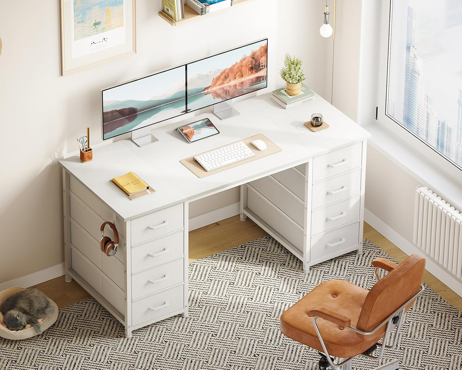 48 Inch White Computer Desk with 8 Fabric Drawers, Modern Office Desk with Large Storage for Home Office, Study, Gaming, White