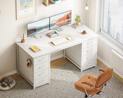 48 Inch White Computer Desk with 8 Fabric Drawers, Modern Office Desk with Large Storage for Home Office, Study, Gaming, White