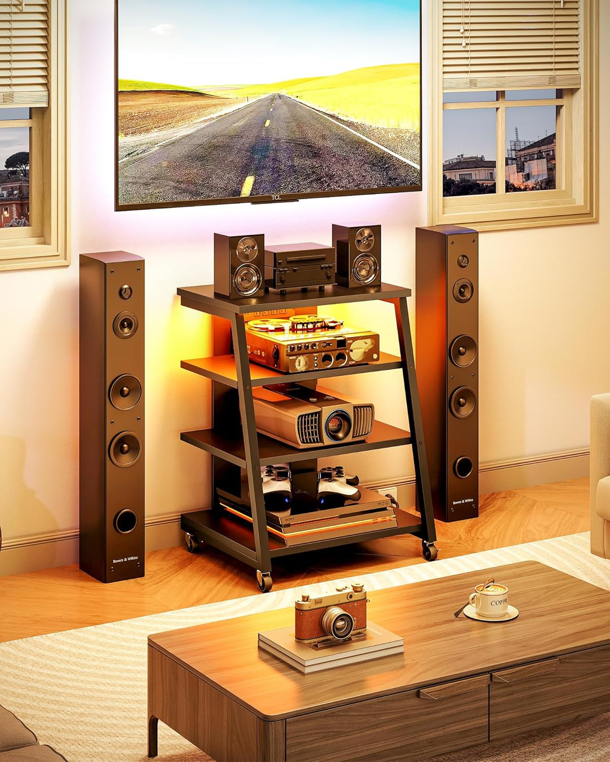 4-Tier AV Media Stand with Wheels, Stereo Stands, Media Console Shelf with Power Strips, LED Lights, Wooden Audio Cabinet Rack Tower for Record Player/Apple Tv/Ps4, Black TCJ60UDBB