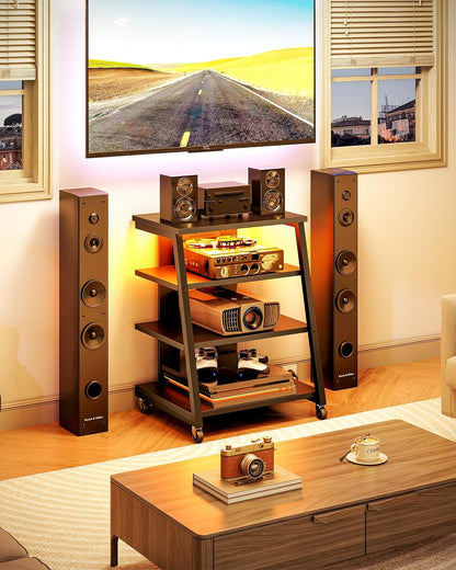 4-Tier AV Media Stand with Wheels, Stereo Stands, Media Console Shelf with Power Strips, LED Lights, Wooden Audio Cabinet Rack Tower for Record Player/Apple Tv/Ps4, Black TCJ60UDBB