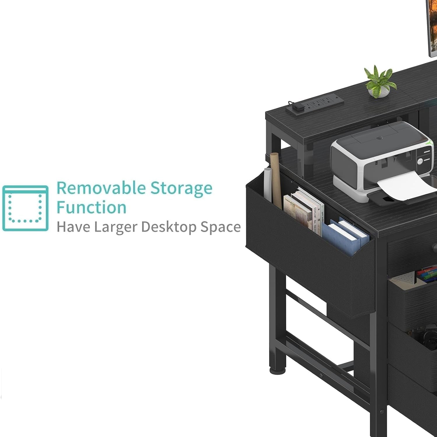 Gaming Desk with LED Lights and Power Outlets, 47 Inch Computer Desk with Fabric Drawers, Reversible Home Office Desk with Monitor Stand, Black