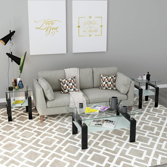 Living Room Tables Set,3 Piece Glass Coffee Table and End Tables Set for Living Room, Coffee Table Set with Tempered Glass Tabletop and Metal Frame for Apartment, Small Space, Black