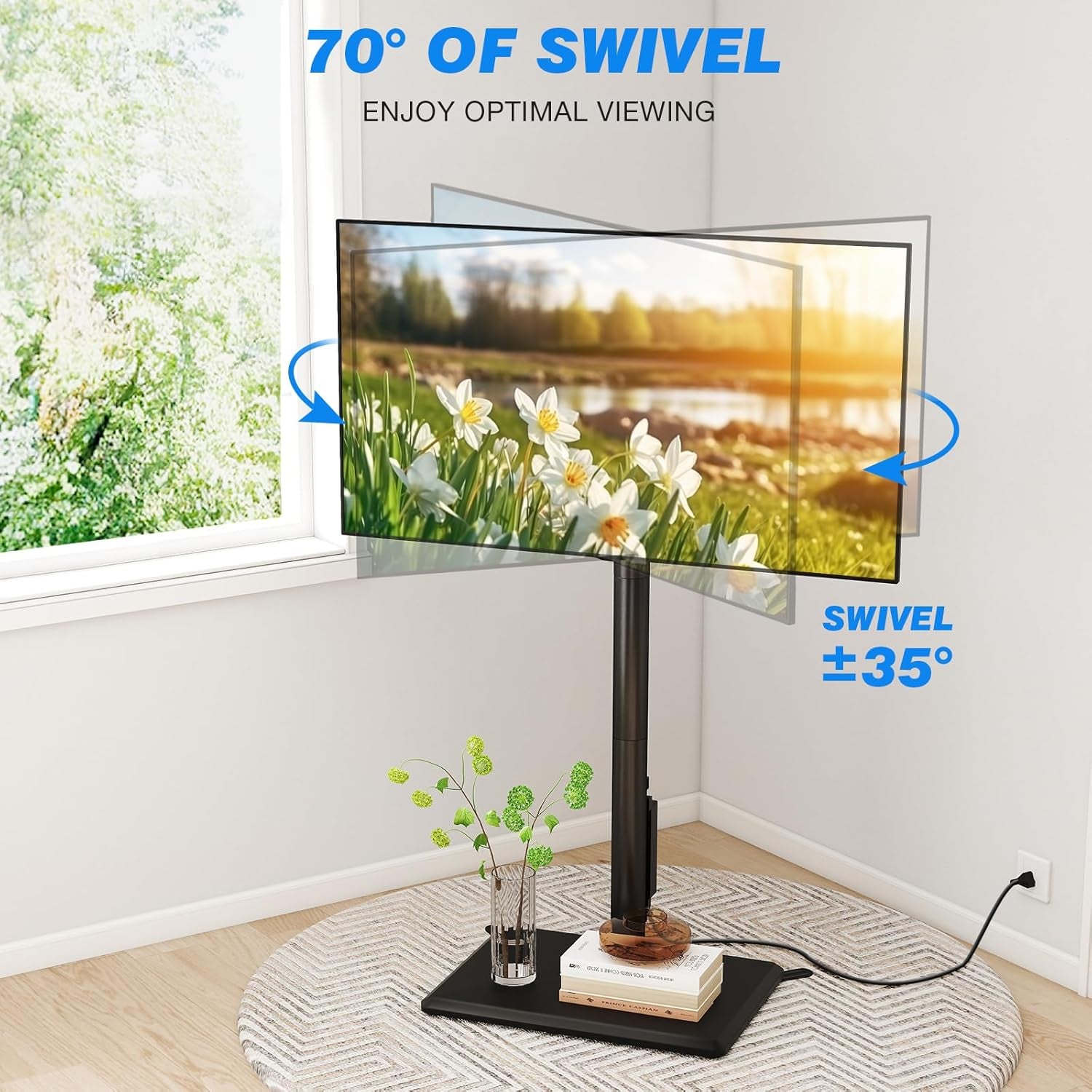 Swivel Floor TV Stand with Power Outlet for 32-60 Inch Tvs, Height Adjustable Tall TV Stand with Wood Base, Hold up to 88Lbs, Saving Space Design for Bedroom, Living Room and Corner