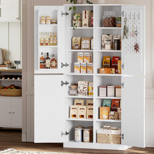 71" Kitchen Pantry Storage Cabinet with Storage Rack, Pegboard Doors, 4 Adjustable Shelves, Food Pantry Cabinet, Freestanding Tall Cupboard for Dining Room, Kitchen, White