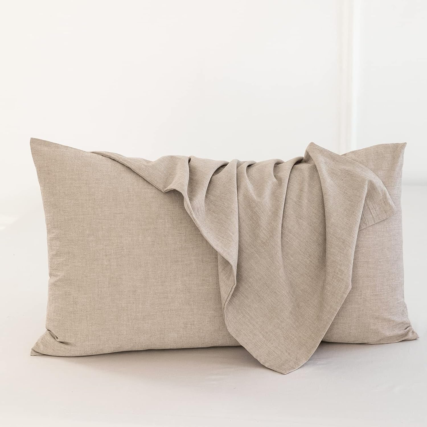 Bedding Pillowcases Pack of 2 100% Washed Cotton Linen like Textured Breathable Durable Soft Comfy (Heathered Taupe, Queen)