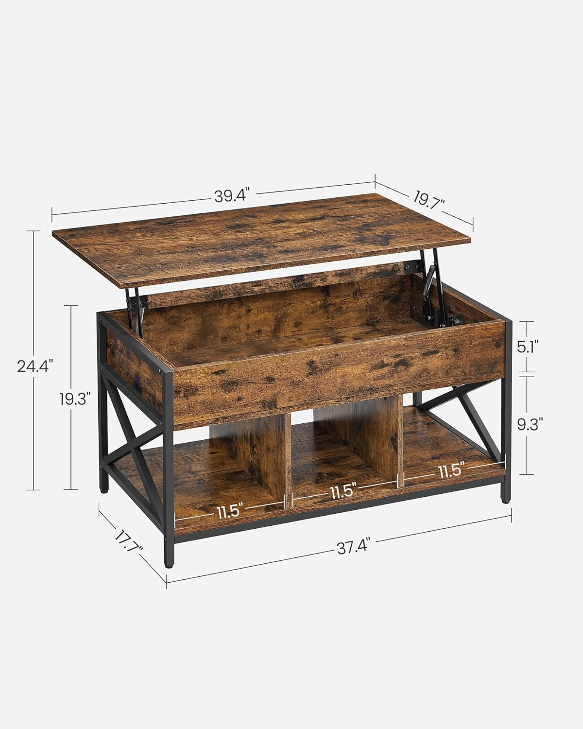 Lift Top Coffee Table, Lift Coffee Table with Storage Shelf, Hidden Compartments and Lifting Top, for Living Room, Office, 19.7 X 47.2 X (19.3-24.4) Inches, Rustic Brown and Black ULCT212B01