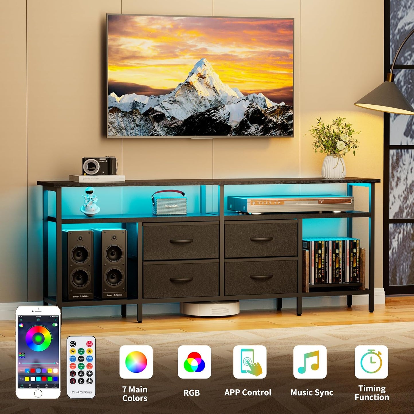 TV Stand for 55/60/65/70 Inch TV, Modern Entertainment Center with LED Lights and Power Outlets, TV Stand with Drawers and Shelves, Media Console with Storage for Living Room Bedroom, Black