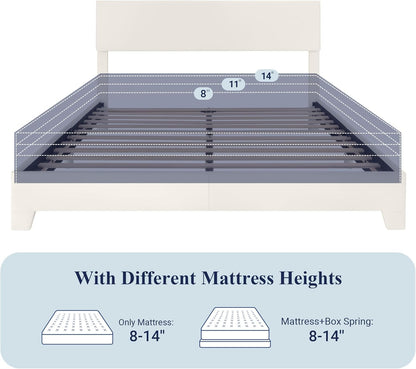 Full Size Bed Frame with Adjustable Headboard, Faux Leather Platform Bed with Wood Slats, Heavy Duty Mattress Foundation, No Box Spring Needed, Noise-Free, Easy Assembly, White
