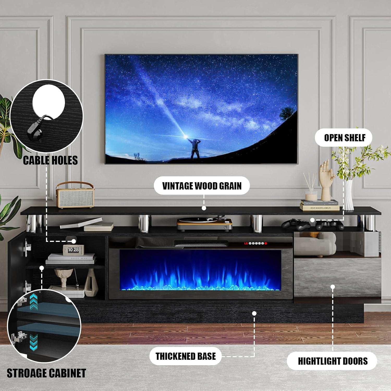 70" Modern Fireplace TV Stand with 36" Electric Fireplace for Tvs up to 80 Inch, Luxury LED Light Entertainment Center with High Gloss Cabinet, TV Consoles for Living Room, Black