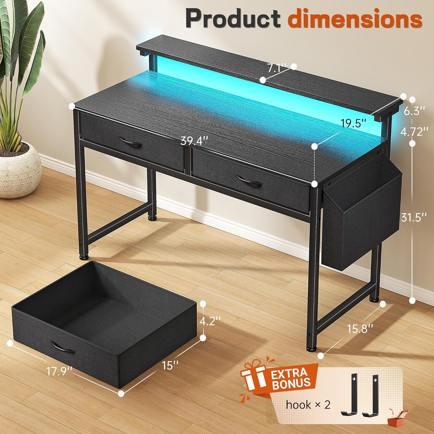 Gaming Desk with LED Lights & 2 Fabric Drawers, 39.4Inch Home Office Computer Desk with Side Pocket & Ergonomic Monitor Stand, Small Space Study Writing Table with Anti-Tip Design,Black