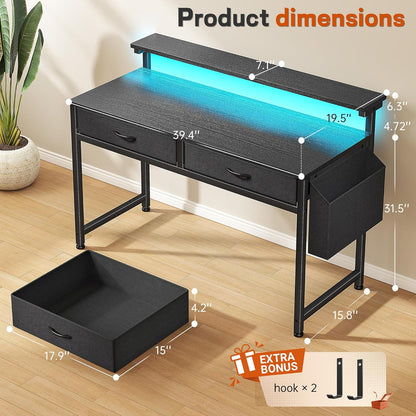 Gaming Desk with LED Lights & 2 Fabric Drawers, 39.4Inch Home Office Computer Desk with Side Pocket & Ergonomic Monitor Stand, Small Space Study Writing Table with Anti-Tip Design,Black